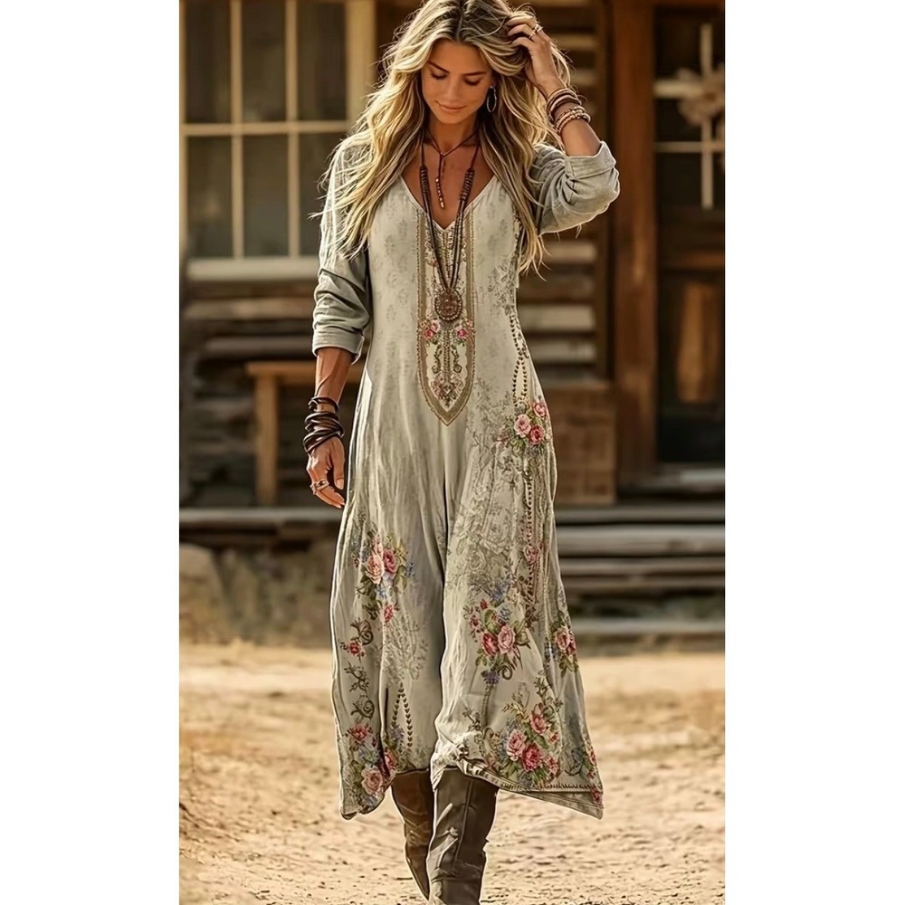 Womens Gray Floral Long Sleeve V-Neck Midi Dress Size S Boho Stretch